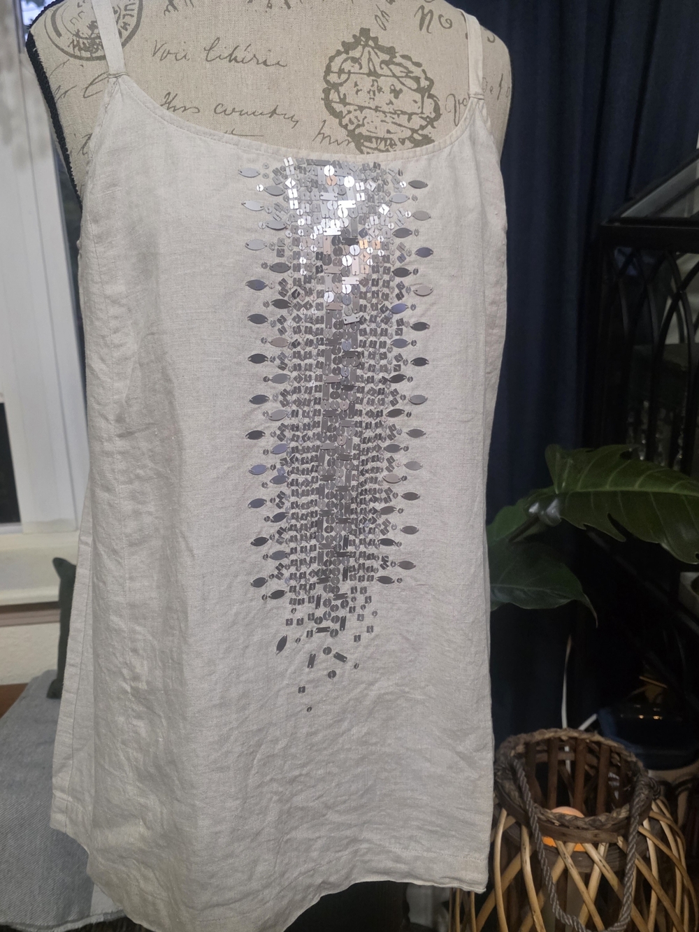 Eileen Fisher Beige Organic Linen Top with Silver Sequin Cascade Summer Resort